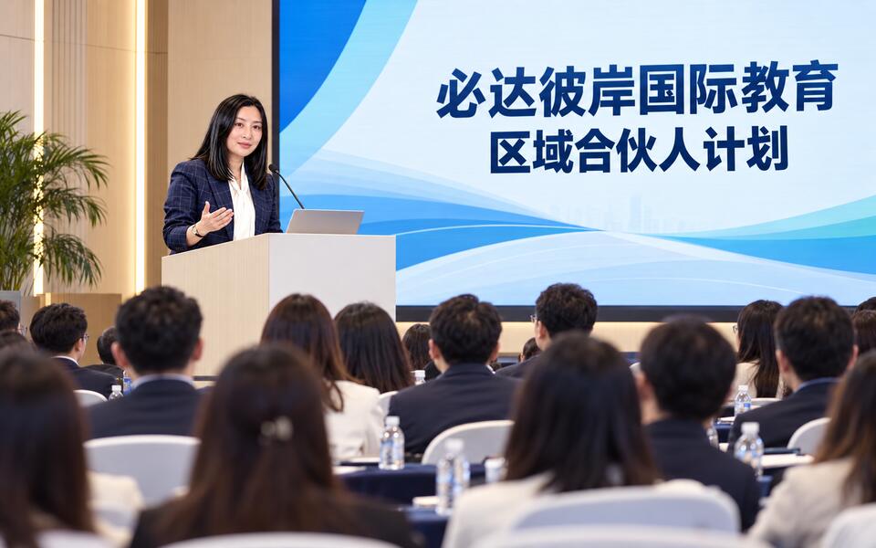 张小小在必达彼岸国际教育区域合伙人计划讲座中介绍合作服务体系